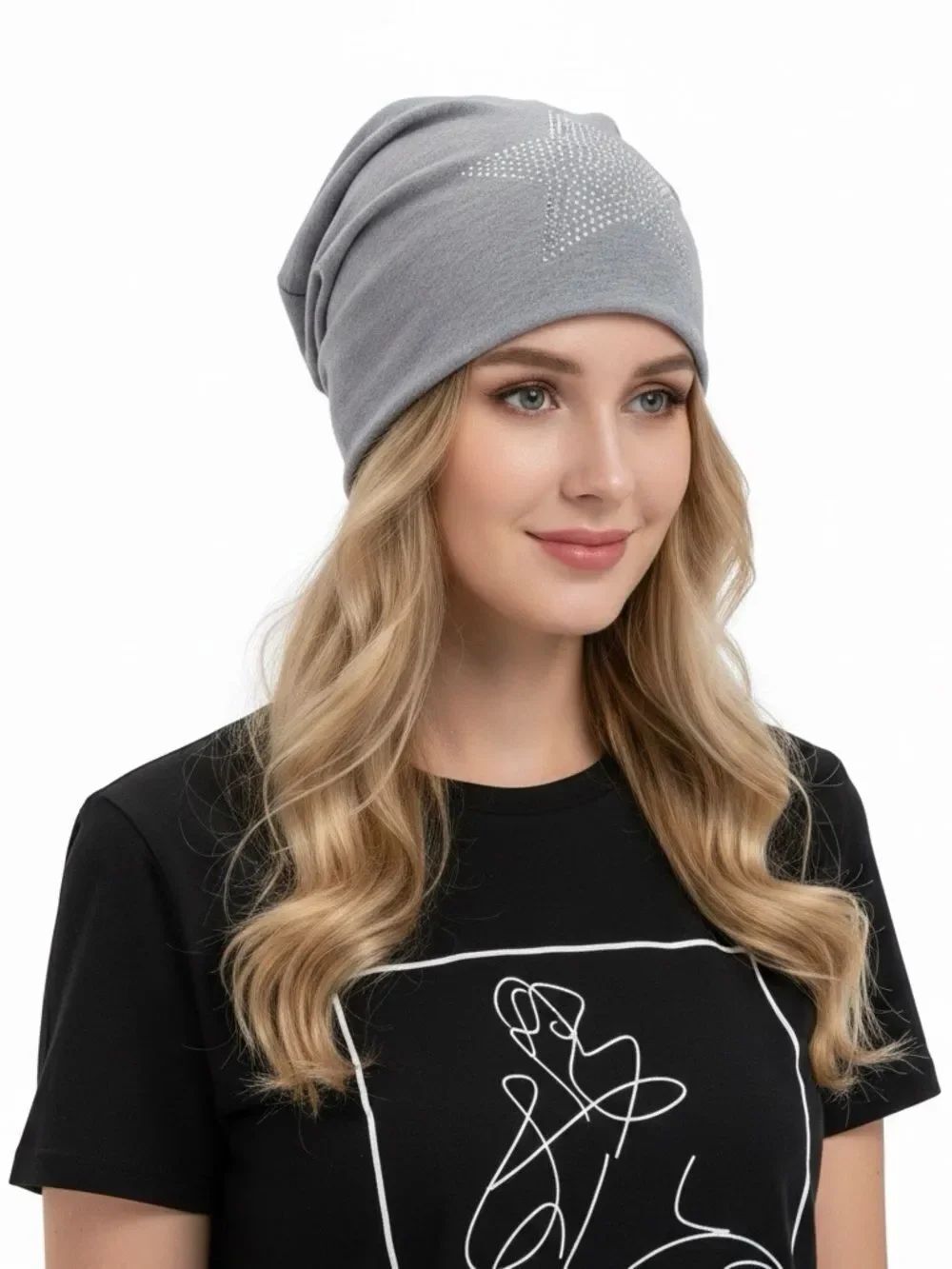 Gray Rhinestone Studs Star Jersey Slouchy Beanie Hat NWT